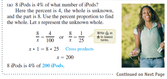 Find the whole using the percent proportion. See Example.  30% of what number of hay bales is 48 hay bales  part is 48; percent is 30; whole is unknown     Example      