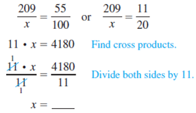 Find the whole using the percent proportion. See Example.  55% of what number of experiments is 209 experiments      Example      