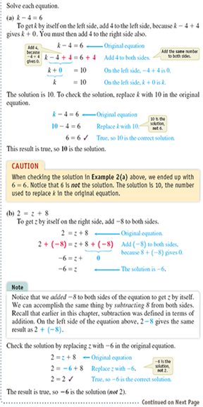 Solve the equation by using the addition property. Check the solution. See Example z - 5 = 3       