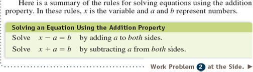 Solve the equation by using the addition property. Check the solution. See Example -5 = n + 3       