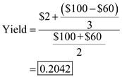 The yield on investment is the rate at which the present value of all future cash flows from investment will be equal to the current price of investment. In other word, it is the rate at which an investor expects return from the investment. This can be computed by the following equation.   …… (1) Calculate yield on stock in the following manner. Substitute $3 for 'Average Annual income', $100 for 'Future price', $60 for 'Current price', and 3 for 'Number of years' in equation (1) ,   Hence, the yield is 20.42%. Thus, it can be concluded that she expects 20.42% return on its investment.