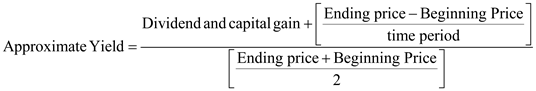 Approximate yield is the rate of return an investor received on his investment for a period. The following given information would be used to compute the approximate yield. Stock price at the time of purchase = $24.50 per share Current price = $26.00 per share. Dividend received = $0.40 per share Capital gains = $1.83 per share Time = 1 year The approximate yield can be computed by using the formula given below.   …… (1) Substitute, $2.23   for income, $26.00 for ending price, and $24.50 for beginning price in equation (1) ,   Therefore, rate of return on the investment is 14.77%. Now, compute the yield by using the Rate function of spreadsheet. Enter values and formulas in spreadsheet as shown in the image below.   Obtained result is shown below.   Thus, the yield is 15.22%. Compute approximate yield if the stock price increases to $30. Substitute, $2.23   for income, $30.00 for ending price, and $24.50 for beginning price in equation (1) ,   Therefore, rate of return on the investment in this case is 28.37% and it is more than 20%.