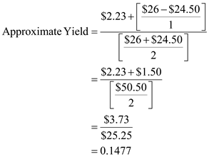 Approximate yield is the rate of return an investor received on his investment for a period. The following given information would be used to compute the approximate yield. Stock price at the time of purchase = $24.50 per share Current price = $26.00 per share. Dividend received = $0.40 per share Capital gains = $1.83 per share Time = 1 year The approximate yield can be computed by using the formula given below.   …… (1) Substitute, $2.23   for income, $26.00 for ending price, and $24.50 for beginning price in equation (1) ,   Therefore, rate of return on the investment is 14.77%. Now, compute the yield by using the Rate function of spreadsheet. Enter values and formulas in spreadsheet as shown in the image below.   Obtained result is shown below.   Thus, the yield is 15.22%. Compute approximate yield if the stock price increases to $30. Substitute, $2.23   for income, $30.00 for ending price, and $24.50 for beginning price in equation (1) ,   Therefore, rate of return on the investment in this case is 28.37% and it is more than 20%.