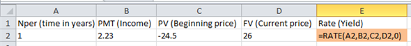 Approximate yield is the rate of return an investor received on his investment for a period. The following given information would be used to compute the approximate yield. Stock price at the time of purchase = $24.50 per share Current price = $26.00 per share. Dividend received = $0.40 per share Capital gains = $1.83 per share Time = 1 year The approximate yield can be computed by using the formula given below.   …… (1) Substitute, $2.23   for income, $26.00 for ending price, and $24.50 for beginning price in equation (1) ,   Therefore, rate of return on the investment is 14.77%. Now, compute the yield by using the Rate function of spreadsheet. Enter values and formulas in spreadsheet as shown in the image below.   Obtained result is shown below.   Thus, the yield is 15.22%. Compute approximate yield if the stock price increases to $30. Substitute, $2.23   for income, $30.00 for ending price, and $24.50 for beginning price in equation (1) ,   Therefore, rate of return on the investment in this case is 28.37% and it is more than 20%.
