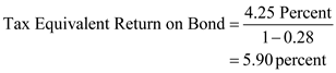 Return of government bond is calculated by the using following formula:   The tax equivalent return on municipal bond which is tax exempted is calculated as follows: Substitute 4.25 percent for ' Yield on bond ', and 0.28 for ' Tax rate '   Therefore, from the above calculations it can be concluded that, the investor should select municipal bond as the return on the bond after adjusting the tax exemption is   as against the return of 5.5 percent on Treasury bond.