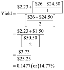 Investor N purchased the stock at $24.50 per share one year ago. The current price of the share is $26.00. And N received the dividend of $0.40 and capital gains of $1.83 per share. Calculate the rate of return using the formula of approximate yield:   Substitute $2.23   for income, $26.00 for ending price, and $24.50 for beginning price in the formula:   Therefore, rate of return on the investment of N is   . The results using a handheld financial calculator would return a figure of 15.22% which closest to the approximate yield calculated above. Calculate the rate of return to know whether N earns 20% return if the current price is $30: Substitute $2.23   for income, $30.00 for ending price, and $24.50 for beginning price in the formula:   Therefore, rate of return on the investment of N in this case is   . Therefore, N earns more than 20% rate of return if the current price is $30.