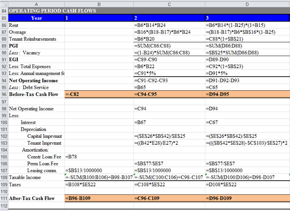 Use spreadsheet for the required computation. Enter given values and formulas in the spreadsheet as shown in the image below. Answers are highlighted in 'Orange'. Obtained results are shown below. a. Compute the total project costs and total direct costs as follows. Enter given values and formulas in the spreadsheet as shown in the image below. Obtained results are shown below. Thus, the total project and total direct costs are and respectively. b. Compute the interest carry, total loan amount to be borrowed, and yield to lender. Enter given values and formulas in the spreadsheet as shown in the image below. Obtained results for interest carry, total loan amount to be borrowed, and yield to lender are as follows: c. Compute amount of equity to be put into each year of construction phase. Enter given values and formulas in the spreadsheet as shown in the image below. Obtained results are shown below. d. Compute before and after tax operating cash flows. Enter given values and formulas in the spreadsheet as shown in the image below. Obtained results are as follows: Compute before and after tax cash flows from sale. Enter given values and formulas in the spreadsheet as shown in the image below. Obtained results are as follows: Thus, the after-tax cash flow from sale is . e. Compute before and after tax operating cash flows as per given 'Pro Forma Operating Statement'. Enter given values and formulas in the spreadsheet as shown in the image below. Obtained results are as follows: Compute before and after tax cash flows from sale. Enter given values and formulas in the spreadsheet as shown in the image below. Obtained results are as follows: Thus, the after-tax cash flow from sale is . Compute BTCF IRR (before Tax Cash Flow Internal Rate of Return) and BT NPV (before Tax Net Present Value). Enter given values and formulas in the spreadsheet as shown in the image below. Obtained results are as follows: Thus, the BTCF IRR and BT NPV are and respectively. The presented Pro Forma Statement is based on the 100% leasing and it ignores the losses from vacancy. Thus, the obtained BT IRR and BT NPV are not appropriate to take decision to accept or reject the project.
