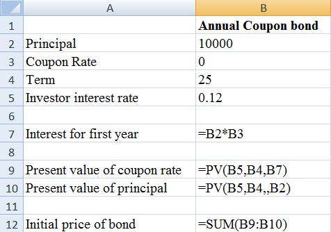 Mortgage-backed bonds (MBB): Mortgage backed bond (MBB) is a type of security that is backed by an asset. It means if the issuer fails to make periodic payment of interest, then bond holder can get their money by forcing company to sell that asset.Zero-Coupon Bond: It is a financial instrument which is traded at discount and don not render any interest payments to the bond holder. It is traded at less than its face value with yielding any periodic payments of interest. And thus, zero coupon bond generates yield at its maturity.a. Computation of initial price of each bond: Initial price of coupon bond is can be computed with the help of principal amount, coupon rate, investor's interest rate and the term of bond.For Annual Coupon Bond: Principal amount is   , coupon rate is   , investor's interest rate is   , and term period of bond is   years.Calculation of initial price of bond is given in below excel.   Fig (1) The resultant figure from the excel sheet is given below.   Fig (2) Hence, the initial price of annual coupon bond is   . For Zero Coupon Bond: Principal amount is   , coupon rate is   , investor's interest rate is   , and term period of bond is   years.Calculation of initial price of bond is given in below excel.   Fig (3) The resultant figure from the excel sheet is given below.   Fig (4) Hence, the initial price of annual coupon bond is   . b. Computation of initial price of each bond compounded semi-annually: Initial price of coupon bond is can be computed with the help of principal amount, coupon rate, investor's interest rate and the term of bond.For Semi-annual Coupon Bond: Principal amount is   , coupon rate is   , investor's interest rate is   , and term period of bond is   years.Calculation of initial price of bond is given in below excel.   Fig (5) The resultant figure from the excel sheet is given below.   Fig (6) Hence, the initial price of semi-annual coupon bond is   . For Zero Coupon Bond: Principal amount is   , coupon rate is   , investor's interest rate is   , and term period of bond is   years.Calculation of initial price of bond is given in below excel.   Fig (7) The resultant figure from the excel sheet is given below.   Fig (8) Hence, the initial price of semi-annual coupon bond is   . c. Computation of initial price of each bond at the end of fifth year: Initial price of coupon bond is can be computed with the help of principal amount, coupon rate, investor's interest rate and the term of bond.For Annual Coupon Bond: Principal amount is   , coupon rate is   , market interest rate is   , and term period of bond is   years   .Calculation of initial price of bond is given in below excel.   Fig (1) The resultant figure from the excel sheet is given below.   Fig (2) Hence, the initial price of annual coupon bond at the end of fifth year is   and in percentage it is   . For Zero Coupon Bond: Principal amount is   , coupon rate is   , market interest rate is   , and term period of bond is   years   .Calculation of initial price of bond is given in below excel.   Fig (3) The resultant figure from the excel sheet is given below.   Fig (4) Hence, the initial price of annual zero-coupon bond at the end of fifth year is   and in percentage it is   .