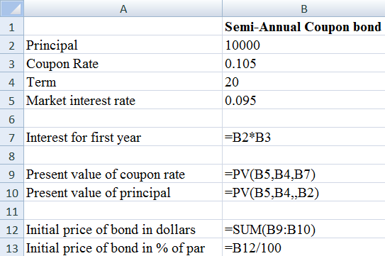 Mortgage-backed bonds (MBB): Mortgage backed bond (MBB) is a type of security that is backed by an asset. It means if the issuer fails to make periodic payment of interest, then bond holder can get their money by forcing company to sell that asset.Zero-Coupon Bond: It is a financial instrument which is traded at discount and don not render any interest payments to the bond holder. It is traded at less than its face value with yielding any periodic payments of interest. And thus, zero coupon bond generates yield at its maturity.a. Computation of initial price of each bond: Initial price of coupon bond is can be computed with the help of principal amount, coupon rate, investor's interest rate and the term of bond.For Annual Coupon Bond: Principal amount is   , coupon rate is   , investor's interest rate is   , and term period of bond is   years.Calculation of initial price of bond is given in below excel.   Fig (1) The resultant figure from the excel sheet is given below.   Fig (2) Hence, the initial price of annual coupon bond is   . For Zero Coupon Bond: Principal amount is   , coupon rate is   , investor's interest rate is   , and term period of bond is   years.Calculation of initial price of bond is given in below excel.   Fig (3) The resultant figure from the excel sheet is given below.   Fig (4) Hence, the initial price of annual coupon bond is   . b. Computation of initial price of each bond compounded semi-annually: Initial price of coupon bond is can be computed with the help of principal amount, coupon rate, investor's interest rate and the term of bond.For Semi-annual Coupon Bond: Principal amount is   , coupon rate is   , investor's interest rate is   , and term period of bond is   years.Calculation of initial price of bond is given in below excel.   Fig (5) The resultant figure from the excel sheet is given below.   Fig (6) Hence, the initial price of semi-annual coupon bond is   . For Zero Coupon Bond: Principal amount is   , coupon rate is   , investor's interest rate is   , and term period of bond is   years.Calculation of initial price of bond is given in below excel.   Fig (7) The resultant figure from the excel sheet is given below.   Fig (8) Hence, the initial price of semi-annual coupon bond is   . c. Computation of initial price of each bond at the end of fifth year: Initial price of coupon bond is can be computed with the help of principal amount, coupon rate, investor's interest rate and the term of bond.For Annual Coupon Bond: Principal amount is   , coupon rate is   , market interest rate is   , and term period of bond is   years   .Calculation of initial price of bond is given in below excel.   Fig (1) The resultant figure from the excel sheet is given below.   Fig (2) Hence, the initial price of annual coupon bond at the end of fifth year is   and in percentage it is   . For Zero Coupon Bond: Principal amount is   , coupon rate is   , market interest rate is   , and term period of bond is   years   .Calculation of initial price of bond is given in below excel.   Fig (3) The resultant figure from the excel sheet is given below.   Fig (4) Hence, the initial price of annual zero-coupon bond at the end of fifth year is   and in percentage it is   .