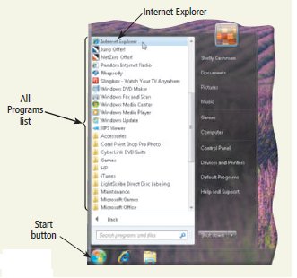 Learn How To 1: Start and Close a Program You can start any program by using the Start button. Complete these steps to start the Web browser program called Internet Explorer: 1. Click the Start button at the left of the Windows taskbar on the bottom of the screen to display the Start menu. 2. Click All Programs on the Start menu to display the All Programs list (Figure). Figure 3. Click the Internet Explorer in the All Programs list to start Internet Explorer (Figure). Figure An item in the All Programs list might have an open folder icon next to it. When this occurs, click the item and another list will appear. Click the program name in this list to start the program. Some pro gram names might appear on the Start menu itself. If so, click any of these names to start the corresponding program. The Start menu displays the names of the programs recently opened on the computer. You can start any of these programs by clicking the name of the program. To close a program, click the Close button in the upper-right corner of the window. If you have created but not saved a document, Windows will ask if you want to save the document. If you do not want to save it, click the No button in the displayed dialog box. If you want to save it, refer to Learn How To 1 in Chapter 3 on page 188. Exercises Using the Start menu, start the e-mail program on the computer. What is the name of the e-mail program? In the program window, what menu names are displayed on the menu bar at the top of the window? Close the e-mail program. Submit your answers to your instructor.