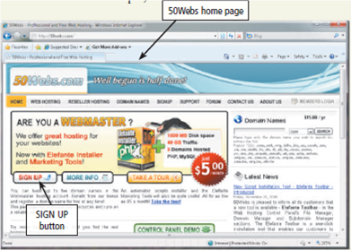 Learn How To 3: Publish Your Resume on the Web Publishing your resume on the Web is a great way to distribute your resume to multiple people. To publish your resume on the Web, complete the following steps: 1. Using Microsoft Word, create a new resume or open an existing resume that you wish to publish on the Web. When you have finished creating the resume, click the Office Button and then click Save As on the menu. 2. Click the Desktop button in the Save As dialog box, type resume in the File name text box, click Web page in the 'Save as type' list, and then click the Save button. 3. Quit Microsoft Word. 4. Start your Web browser and then type 50Webs.com in the Address bar. When the Web page is displayed, click one of the SIGN UP buttons (Figure). Figure 5. Select the free Web hosting plan, click the 'Use a subdomain' option button, and then click the NEXT button. 6. Type the required information to sign up for the free plan. Make note of the subdomain you choose for your Web site. For example, if you type resume as your subdomain, your Web site address will be http://resume.50webs.com. 7. Click the check box to agree to the Terms and Conditions, and then click the Signup button. 50Webs will send your user name and password to the e-mail address you specified while signing up. 8. Click the Start button and then click Computer on the Start menu. In the Address bar, type ftp://subdomain.50webs.com (where subdomain should be replaced with the name of the subdomain you chose in Step 6). Type your user name and password in the Log On As dialog box, and then click the Log On button. 9. Double-click your Web site folder, and then drag your resume file from the desktop to the window containing your Web site files. If a resume_files folder exists on your desktop, you also should drag that folder to the window containing your Web site files. 10. In your Web browser, type http://subdomain.50webs.com/resume.htm (subdomain should be replaced with your chosen subdomain from Step 6). Exercise Use Microsoft Word to create a Web page that you would like others to see when they visit your new Web site. Include your name, e-mail address, and any other information that you would not object to making public. Save the file as a Web page using the file name, index.htm. Upload the file to the 50Webs.com Web server and then send the Web page address to your instructor.