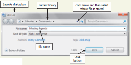 Learn How To 1: Save a File in Application Software When you use application software, usually you either will create a new file or modify an existing file. If you turn off your computer or lose electrical power while working on the file, the file will not be retained. In order to retain the file, you must save it. To save a new file, you must complete several tasks: 1. Initiate an action indicating you want to save the file, such as selecting Save on the File menu. 2. Designate where the file should be stored. This includes identifying both the device (such as drive C) and the folder or library. 3. Specify the name of the file. 4. Click the Save button to save the file. Tasks 2 through 4 normally can be completed using a dialog box such as the one shown in Figure. Figure If you close a program prior to saving a new or modified file, the program may display a dialog box asking if you want to save the file. If you click the Yes button, a modified file will be saved using the same file name in the same location. Saving a new file requires that you complete tasks 2 through 4. Exercise 1a. Start the WordPad program from the Accessories list in the All Programs list. Type Saving a file is the best insurance against losing work. 1b. Click the Save button on the Quick Access Toolbar. What dialog box is displayed? Where will the file be saved? What is the default file name? If you wanted to save the file on the desktop, what would you do? Click the Cancel button in the dialog box. Submit your answers to your instructor. 1c. Click the Close button in the WordPad window. What happened? Click the Yes button in the WordPad dialog box. What happened? Connect a USB flash drive to one of the computer's USB ports. Select the USB flash drive as the location for saving the file. Save the file with the name, Chapter 3 Learn How To 1. What happened? Submit your answers to your instructor.