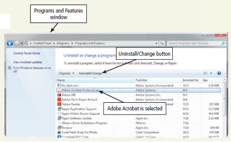 Learn How To 2: Install and Uninstall Application Software When you purchase application software, you must install the software on the computer where you want to run it. The exact installation process varies with each program, but generally you must complete the following steps: 1. Insert the optical disc containing the application software into a drive. 2. The opening window will appear. If the optical disc contains more than one program, choose the program you want to install. Click the Continue or Next button. 3. Some file extractions will occur and then an Install Wizard will begin. You normally must accomplish the following steps by completing the directions within the wizard: a. Accept the terms of the license agreement. b. Identify where on your computer the software will be stored. The software usually selects a default location on drive C, and you normally will accept the default location. c. Select any default options for the software. d. Click a button to install the software. 4. A Welcome/Help screen often will be displayed. Click a button to finish the installation process. At some point, you may want to remove software. Most software includes an uninstall program that will remove the program and all its software components. To uninstall a program, complete the following steps: 1. Click the Start button on the Windows taskbar. 2. Click Control Panel on the Start menu. 3. Click 'Uninstall a program' to open the Programs and Features window (Figure). Figure 4. Select the program that you wish to remove. In Figure 3-49, Adobe Acrobat Professional is selected as the program to remove. 5. Click the Uninstall/Change button. 6. A dialog box will be displayed informing you that the software is being prepared for uninstall. You then will be informed that the process you are following will remove the program. You will be asked if you want to continue. To uninstall the program, click the Yes button. The program will be removed from the computer. Exercises Optional: Insert the optical disc containing the software you want to install into a drive and follow the instructions for installing the software. Warning: If you are using a computer other than your own, particularly in a school laboratory, do not perform this exercise unless you have specific permission from your instructor.