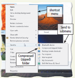 Learn How To 3: Zip/Compress a File When you zip or compress one or more files in Windows, it attempts to shrink the file size(s) by reducing the amount of unneeded space. Compressing a file is particularly useful when you attach files to an e-mail message and wish to keep the file size as small as possible. It also is useful when you compress multiple files simultaneously, because Windows compresses the multiple files into a single file. You can compress a file or folder by completing the following steps: 1. Locate the file(s) or folder(s) you want to compress. If the files or folders you wish to compress are located in multiple locations, it might be helpful to first move them so that they are in a single location. 2. Select the file(s) or folder(s) you would like to compress. If you are selecting multiple files or folders, click the first one and then hold down the ctrl key while you select the remaining files and/or folders. Once you are finished making your selections, release the ctrl key. 3. Right-click the selection to display a shortcut menu, point to Send to on the shortcut menu to display the Send to submenu (Figure), and then click Compressed (zipped) folder to create the compressed folder. Figure 4. If necessary, type a new name for the compressed folder and then press the enter key. Exercise To better organize your hard disk, you decide to compress files you rarely use, but would like to keep as a backup. Click the Start button to display the Start menu, click Pictures to display the Pictures library, and then double-click the Sample Pictures folder to display sample pictures included with Windows 7. Select three pictures and compress them into one compressed folder. Use your first initial and last name as the name of the new compressed folder and then e-mail the folder to your instructor.