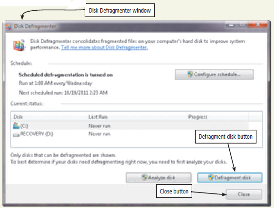 Maintain a Hard Disk A computer's hard disk is used for the majority of storage requirements. It is important, therefore, to ensure that each hard disk on a computer is operating at peak efficiency. Three tasks that maximize disk operations are detecting and repairing disk errors by using the Check Disk utility program; removing unused or unnecessary files and folders by using the Disk Cleanup utility program; and consolidating files and folders into contiguous storage areas using the Disk Defragmenter utility program. a. Check Disk To detect and repair disk errors using the Check Disk utility program, complete the following steps: 1. Click the Start button on the Windows taskbar and then click Computer on the Start menu. 2. When the Computer window opens, right-click the hard disk icon for drive C (or any other hard disk you want to select) and then click Properties on the shortcut menu. 3. In the Properties dialog box, if necessary, click the Tools tab to display the Tools sheet. The Tools sheet contains buttons to start the Check Disk program, the Defragment program, and the Backup program (Figure). Figure 4. Click the Check now button to display the Check Disk dialog box. 5. To do a complete scan of the disk and correct any errors that are found, place a checkmark in the 'Scan for and attempt recovery of bad sectors' check box, and then click the Start button. Four phases of checking the disk will occur. While the checking is in progress, the disk being checked cannot be used for any purpose whatsoever; furthermore, once it has started, the process cannot be stopped. If the Check Disk program cannot check the disk because it is in use, you can schedule the disk check to run next time you start the computer. 6. When the four phases are complete (this may take more than one-half hour, depending on the size of the hard disk and how many corrections must occur), a dialog box is displayed with the message, Disk Check Complete. Click the OK button in the dialog box. B. Cleanup Disk After checking the disk, your next step can be to clean up the disk by removing any programs and data that are not required for the computer. To do so, complete the following steps: 1. Click the General tab (Figure) in the disk drive Properties dialog box to display the General sheet. Figure 2. Click the Disk Cleanup button in the General sheet to display the Disk Cleanup Options dialog box. 3. The Disk Cleanup dialog box is displayed and contains a message that indicates the amount of space that can be freed up is being calculated. 4. After the calculation is complete, the Disk Cleanup dialog box specifies the amount of space that can be freed up and the files to delete, some of which are selected automatically (Figure). Select those items from which you wish to delete files. Figure 5. Click the OK button in the Disk Cleanup dialog box. 6. A dialog box asks if you are sure you want to perform these actions. Click the Delete Files button. The Disk Cleanup dialog box illustrates the progress of the cleanup. When the cleanup is complete, the dialog box closes. C. Defragment Disk The next step in disk maintenance is to defragment all the files on the disk. When a file is stored on disk, the data in the file sometimes is stored contiguously, and other times is stored in a noncontiguous manner. When a file is stored in a noncontiguous manner, it can take significantly longer to find and retrieve data from the file. One of the more useful utilities to speed up disk operations, therefore, is the defragmentation program, which combines all files so that no files are stored in a noncontiguous manner. To use the defragmentation program, complete the following steps: 1. If necessary, click the Tools tab (Figure) in the Properties dialog box for the hard disk to be defragmented. Figure 2. Click the Defragment now button in the Tools sheet to open the Disk Defragmenter window (Figure). This window displays the Disk Defragmenter schedule, when Disk Defragmenter was run last, and when Disk Defragmenter is scheduled to run next. Figure 3. Click the Defragment disk button to begin the defragmentation process. During the defragmentation process, the Stop operation button replaces the Defragment disk button. The defragmentation process can consume more than one hour in some cases. You can cancel the operation at any time by clicking the Stop operation button in the Disk Defragmenter window. 4. When the process is complete, the Defragment disk button will replace the Stop operation button. 5. Click the Close button to close the Disk Defragmenter window. Caution: The exercises for this chapter that require actual disk maintenance are optional. If you are performing these exercises on a computer that is not your own, obtain explicit permission to complete these exercises. Keep in mind that these exercises can require significant computer time and the computer may be unusable during this time. Display the Properties dialog box for a hard disk found on the computer. Display the General sheet. What is the capacity of the hard disk? How much space is used? How much free space is available? Click the Disk Cleanup button. How much space can be freed up if you use the Disk Cleanup program? Click the OK button to clean up the disk. How long did it take to perform the disk cleanup? Submit your answers to your instructor.