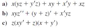 Simplify the following functional expressions using Boolean algebra and its identities. List the identity used at each step.