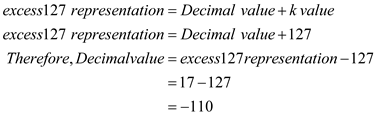 a. The provided 8-bit unsigned binary number is 00010001. Here, the 0 th and 4 th position of the binary number is occupied by the value 1. Therefore, the conversion of the unsigned binary number 00010001 into a decimal number can be made as follows: Hence, the equivalent decimal value for the provided unsigned number binary number 00010001 is . b. The following explains about the signed-magnitude representation of a binary number. • If the most significant bit (MSB) of a binary number is considered as a sign bit, then the representation is said to be known as signed-magnitude representation. The sign bit will determine whether the binary number is a positive number or a negative number. • If the MSB of the binary value is 1, then the binary value is said to be a negative number. • If the MSB of the binary value is 0, then the binary value is said to be a positive number. Here, the provided signed-magnitude representation of the binary value is 00010001. The MSB of the binary number is 0. Hence the binary number is said to be a positive number. The 0 th and 4 th position of the binary number is occupied by the value 1. Hence, the equivalent decimal value for the provided signed-magnitude representation of the binary number 00010001 is . c. Converting all the binary values 1 into 0 and 0 into 1 in a binary number is said to be known as one's complement representation. An 8-bit binary number 00010001 is provided such that it is the one's complement representation. The conversion of the one's complement representation of a binary value 00010001 into a decimal value can be made as follows: The equivalent decimal value of the one's complement representation of a binary number 00010001 is . d. Converting all the binary values 1 into 0 and 0 into 1 in a binary number is said to be known as one's complement representation. Adding 1 to the resultant binary value of the one's complement representation is said to be the two's complement representation. An 8-bit binary number 00010001 is provided such that it is used as the two's complement representation. The conversion of the two's complement representation of the binary number 00010001 into a decimal value can be done as follows: The equivalent decimal value of the two's complement representation of the binary number 00010001 is . e. The decimal value 127 named as k is added with the provided binary value to produce a result. This is said to be the excess-127 representation. Here, the binary number 00010001 is the excess-127 representation, and then the equivalent decimal number can be found as follows: Therefore, the equivalent decimal value for the excess-127 representation of the binary number 0001001 is .
