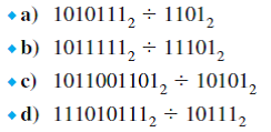Find the quotients and remainders for the following division problems modulo 2.