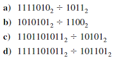 Find the quotients and remainders for the following division problems modulo 2.