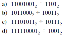 Find the quotients and remainders for the following division problems modulo 2.