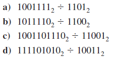 Find the quotients and remainders for the following division problems modulo 2.