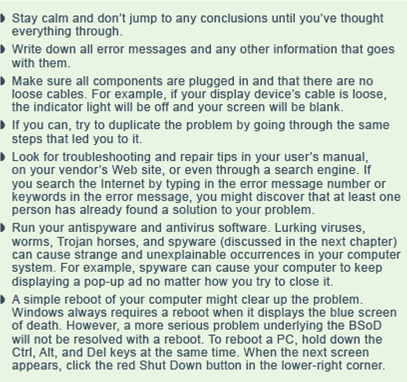 Think about the last time you had a problem with computer hardware or software. Would any of the steps in Figure have helped you solve the problem faster? If not, what guidelines would you add to the list in the figure? Figure Troubleshooting Tips