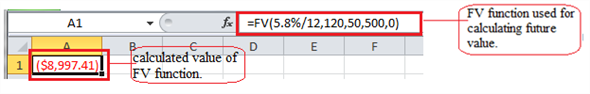 Future Value of Loan To calculate the future worth of the savings account the FV function is used. Screenshot displaying FV function is as shown:   Syntax of future value of loan are as follows: = FV( rate, nper, pmt, [,pv=0], [,type=0]) Here, rate is the attribute of FV function which represents interest rate. nper represents the total number of payment period. pmt represents the amount which is paid per period. pv is the attribute of PMT function which helps in representing the present period and type represent payments is due or not. To calculate future value of loan: 1. For the given situation, period is taken as one month since interest is compounded monthly. Hence rate equals 5.8% divided by 12. 2. Payments are made over 10 years and hence number of payments is equal to 10 * 12, i.e. 120 months. 3. The amount deposited every month is $50. The present value is $500. 4. Putting these values in the FV function values get is as follows: FV( 5.8%/12, 120, 50, 500, 0) = $8,997.41 Screenshot displaying FV function after calculation is as shown:  
