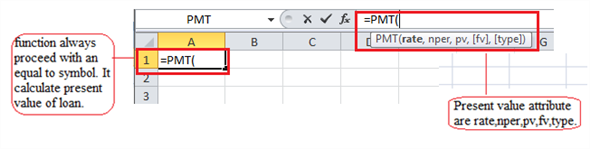 Amount Deposited Per Period To calculate the amount to be deposited every period, PMT function is used. Screenshot displaying PMT function is as follows:   Syntax of present value of loan is as follows: = PMT(rate, nper, [,pv=0], [,fv=0], [,type=0]) Here, rate is the attribute of PMT function which represents interest rate. pmt represents the amount which is paid per period. pv is the attribute of PMT function which helps in representing the present period and type represent payments is due or not. type=0 represents payments is made at the beginning. To calculate Amount Deposited Per Period: 1. Period is taken as one month. Therefore the rate becomes 5.2%/12. 2. The total number of payments is 2*12, i.e. 24. 3. The present value is taken as $1000 and future value is taken as $3000. 4. Type is taken as 0. 5. Putting these values in the PMT function values get is as follows: PMT( 5.2%/12, 24, 1000, 3000, 0) = $162.84 Screenshot displaying PMT function after calculation is as shown:  