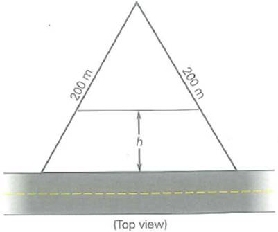A farmer owns a piece of land in the shape of an equilateral triangle, 200 m on a side, which is totally fenced in. He wishes to construct an additional fence parallel to the side fronting the road (Fig.) so that the area fronting the road takes up one-third of the total area. This area will be for Iris horses. On the remaining two-thirds he plans to construct his dream home. How far back from the road (shown as the distance h ) should the fence be located      FIGURE Don't fence me in See Exercise.