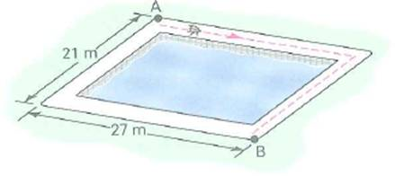 An insect crawls along the edge of a rectangular swimming pool of length 27 m and width 21 m (Fig.). If it crawls from corner A to corner B in 30 min, (a) what is its average speed, and (b) what is the magnitude of its average velocity      FIGURE Speed versus velocity See Exercise. (Not drawn to scale; insect is displaced for clarity.)