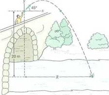 A stone thrown off a bridge 20 m above a river has an initial velocity of 12 m/s at an angle of 45° above the horizontal (Fig.). (a) What is the range of the stone (b) At what velocity does the stone strike the water      FIGURE A view from the bridge See Exercise.