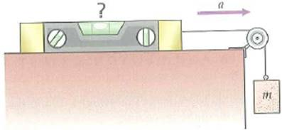 As a follow-up to Conceptual Question, consider a child holding a helium balloon in a closed car at rest. What would the child observe when the car (a) accelerates from rest and (b) brakes to a stop (The balloon does not touch the roof of the car.) Conceptional Question  Consider an air-bubble level that is sitting on a horizontal surface (Fig.). Initially, the air bubble is in the middle of the horizontal glass tube. (a) If the level is pushed and a force is applied to accelerate it, which way would the bubble move Which way would the bubble move if the force is then removed and the level slows down, due to friction (b) Such a level is sometimes used as an accelerometer to indicate the direction of the acceleration. Explain the principle involved. [ Hint : Think about pushing a pan of water.]     FIGURE An air-bubble level/accelerometer See Conceptual Question.