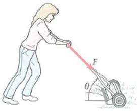 A girl pushes a 25-kg lawn mower as shown in Fig. If F = 30 N and = 37° (a) what is the acceleration of the mower, and (b) what is the normal force exerted on the mower by the lawn Ignore friction.     FIGURE Mowing the lawn See Exercise.