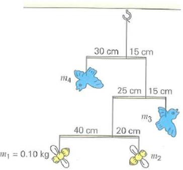 An artist wishes to construct a birds and bees mobile, as shown in Fig. If the mass of the bee on the lower left is 0.10 kg and each vertical support string has a length of 30 cm, what are the masses of the other birds and bees (Neglect the masses of the bars and strings.)     FIGURE Birds and bees See Exercise.