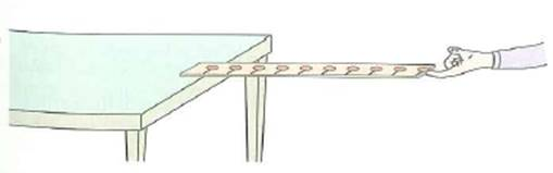 Pennies are placed every 10 cm on a meterstick. One end of the stick is put on a table and the other end is held horizontally with a finger, as shown in Fig. If the finger is pulled away, what happens to the pennies      FIGURE Money left behind See Exercise.