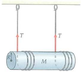 A uniform 2.0-kg cylinder of radius 0.15111 is suspended by two strings wrapped around it (Fig.). As the cylinder descends, the strings unwind from it. What is the acceleration of the center of mass of the cylinder (Neglect the mass of the string.)     FIGURE Unwinding with gravity See Exercise.