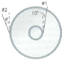 In a modern art exhibit, a multicolored empty industrial wire spool is suspended from two light wires as shown in Fig. The spool has a mass of 50.0 kg, with an outer diameter of 75.0 cm and an inner axle diameter of 18.0 cm. One wire (#1) is attached tangentially to the axle and makes a 10° angle with the vertical. The other wire (#2) is attached tangentially to the outer edge and makes an unknown angle with the vertical. Determine the tension in each wire and the angle . FIGURE Modern art See Exercise.