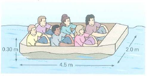 A rectangular boat, as illustrated in Fig., is overloaded such that the water level is just 1.0 cm below the top of the boat. What is the combined mass of the people and the boat FIGURE An overloaded boat See Exercise.