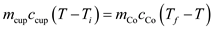 A coffee cup is filled with coffee. There is no heat loss to the environment, so the total energy of the system is conserved. The amount of heat required to change the temperature of the substance is, Here, m is mass of the substance, c is specific heat of the substance, and is change in temperature. Since there is no heat loss to the environment, the heat loss by coffee is equal to the heat gained by the cup. Here, is mass of cup, is specific heat of cup, is temperature of cup, is mass of water, is the specific heat of water, is temperature of water, and T is equilibrium temperature. Substitute 0.250 kg for , 0.250 kg for , for , for , for , and for T. Therefore, the specific heat of cup is .