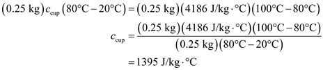 A coffee cup is filled with coffee. There is no heat loss to the environment, so the total energy of the system is conserved. The amount of heat required to change the temperature of the substance is, Here, m is mass of the substance, c is specific heat of the substance, and is change in temperature. Since there is no heat loss to the environment, the heat loss by coffee is equal to the heat gained by the cup. Here, is mass of cup, is specific heat of cup, is temperature of cup, is mass of water, is the specific heat of water, is temperature of water, and T is equilibrium temperature. Substitute 0.250 kg for , 0.250 kg for , for , for , for , and for T. Therefore, the specific heat of cup is .