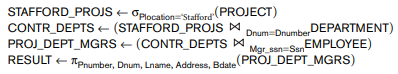 Query 1. Retrieve the name and address of all employees who work for the 'Research' department. Query 2. For every project located in 'Stafford', list the project number, the controlling department number, and the department manager's last name, address, and birth date Query 3. Find the names of employees who work on all the projects controlled by department number 5. Query 4. Make a list of project numbers for projects that involve an employee whose last name is 'Smith', either as a worker or as a manager of the department that controls the project. Query 5. List the names of all employees with two or more dependents. Strictly speaking, this query cannot be done in the basic (original) relational algebra. We have to use the AGGREGATE FUNCTION operation with the COUNT aggregate function. We assume that Query 6. Retrieve the names of employees who have no dependents. This is an example of the type of query that uses the MINUS (SET DIFFERENCE) operation. Query 7. List the names of managers who have at least one dependent Show the result of each of the sample queries as it would apply to the database state in Figure 3.6.