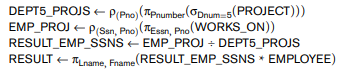 Query 1. Retrieve the name and address of all employees who work for the 'Research' department. Query 2. For every project located in 'Stafford', list the project number, the controlling department number, and the department manager's last name, address, and birth date Query 3. Find the names of employees who work on all the projects controlled by department number 5. Query 4. Make a list of project numbers for projects that involve an employee whose last name is 'Smith', either as a worker or as a manager of the department that controls the project. Query 5. List the names of all employees with two or more dependents. Strictly speaking, this query cannot be done in the basic (original) relational algebra. We have to use the AGGREGATE FUNCTION operation with the COUNT aggregate function. We assume that Query 6. Retrieve the names of employees who have no dependents. This is an example of the type of query that uses the MINUS (SET DIFFERENCE) operation. Query 7. List the names of managers who have at least one dependent Show the result of each of the sample queries as it would apply to the database state in Figure 3.6.