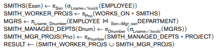 Query 1. Retrieve the name and address of all employees who work for the 'Research' department. Query 2. For every project located in 'Stafford', list the project number, the controlling department number, and the department manager's last name, address, and birth date Query 3. Find the names of employees who work on all the projects controlled by department number 5. Query 4. Make a list of project numbers for projects that involve an employee whose last name is 'Smith', either as a worker or as a manager of the department that controls the project. Query 5. List the names of all employees with two or more dependents. Strictly speaking, this query cannot be done in the basic (original) relational algebra. We have to use the AGGREGATE FUNCTION operation with the COUNT aggregate function. We assume that Query 6. Retrieve the names of employees who have no dependents. This is an example of the type of query that uses the MINUS (SET DIFFERENCE) operation. Query 7. List the names of managers who have at least one dependent Show the result of each of the sample queries as it would apply to the database state in Figure 3.6.