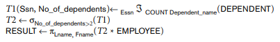 Query 1. Retrieve the name and address of all employees who work for the 'Research' department. Query 2. For every project located in 'Stafford', list the project number, the controlling department number, and the department manager's last name, address, and birth date Query 3. Find the names of employees who work on all the projects controlled by department number 5. Query 4. Make a list of project numbers for projects that involve an employee whose last name is 'Smith', either as a worker or as a manager of the department that controls the project. Query 5. List the names of all employees with two or more dependents. Strictly speaking, this query cannot be done in the basic (original) relational algebra. We have to use the AGGREGATE FUNCTION operation with the COUNT aggregate function. We assume that Query 6. Retrieve the names of employees who have no dependents. This is an example of the type of query that uses the MINUS (SET DIFFERENCE) operation. Query 7. List the names of managers who have at least one dependent Show the result of each of the sample queries as it would apply to the database state in Figure 3.6.
