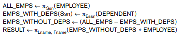 Query 1. Retrieve the name and address of all employees who work for the 'Research' department. Query 2. For every project located in 'Stafford', list the project number, the controlling department number, and the department manager's last name, address, and birth date Query 3. Find the names of employees who work on all the projects controlled by department number 5. Query 4. Make a list of project numbers for projects that involve an employee whose last name is 'Smith', either as a worker or as a manager of the department that controls the project. Query 5. List the names of all employees with two or more dependents. Strictly speaking, this query cannot be done in the basic (original) relational algebra. We have to use the AGGREGATE FUNCTION operation with the COUNT aggregate function. We assume that Query 6. Retrieve the names of employees who have no dependents. This is an example of the type of query that uses the MINUS (SET DIFFERENCE) operation. Query 7. List the names of managers who have at least one dependent Show the result of each of the sample queries as it would apply to the database state in Figure 3.6.