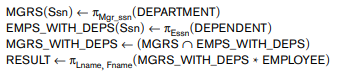 Query 1. Retrieve the name and address of all employees who work for the 'Research' department. Query 2. For every project located in 'Stafford', list the project number, the controlling department number, and the department manager's last name, address, and birth date Query 3. Find the names of employees who work on all the projects controlled by department number 5. Query 4. Make a list of project numbers for projects that involve an employee whose last name is 'Smith', either as a worker or as a manager of the department that controls the project. Query 5. List the names of all employees with two or more dependents. Strictly speaking, this query cannot be done in the basic (original) relational algebra. We have to use the AGGREGATE FUNCTION operation with the COUNT aggregate function. We assume that Query 6. Retrieve the names of employees who have no dependents. This is an example of the type of query that uses the MINUS (SET DIFFERENCE) operation. Query 7. List the names of managers who have at least one dependent Show the result of each of the sample queries as it would apply to the database state in Figure 3.6.