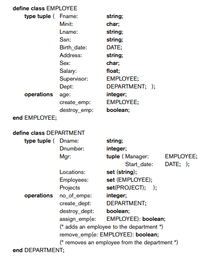 Example of GEOMETRY_OBJECTS GEOMETRY_OBJECT: Shape, Area, Reference_point Figure 10.2 Adding operations to the definitions of EMPLOYEE and DEPARTMENT. -Convert the example of GEOMETRY_OBJECTS given in section 10.1.5 from the functional notation to the notation given in Figure 10.2 that distinguishes between attributes and operations. Use the keyword INHERIT to show that one class inherits from another class.