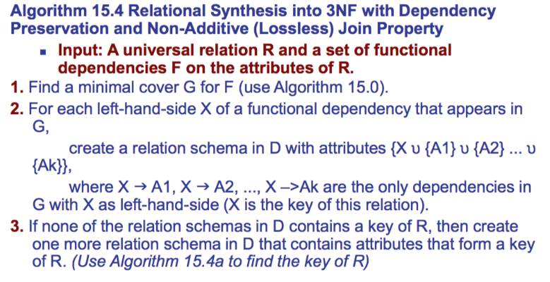 -Show that the relation schemas produced by Algorithm 15.4 are in 3NF.