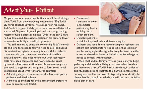 Patient Situation  Refer to the Meet Your Patient scenario near the beginning of this chapter. You have now admitted Todd from the ED.      Thinking  Critical Thinking (Inquiry Based on Credible Sources):  a. What resources would you use to find out more about the pathophysiology of renal failure? How do you know the source is credible?  b. One of your first impressions was that Todd may be anxious and fearful. What data do you need in order to decide whether to write an Anxiety nursing diagnosis? How will you obtain the data?  c. When you are making your assessments of Todd, who is your best source of data? Why?