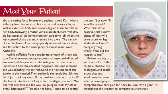 • Refer to Karli in the MeetYour Patient scenario. Look at the preceding five NANDA-I labels for self-concept problems (Chronic Low Self-Esteem, Situational Low Self-Esteem, Disturbed Personal Identity, Ineffective Role Performance, Disturbed Body Image).Which one most clearly applies to Karli? Explain your thinking. • Write a nursing diagnosis (problem r/t etiology) for the problem you chose.